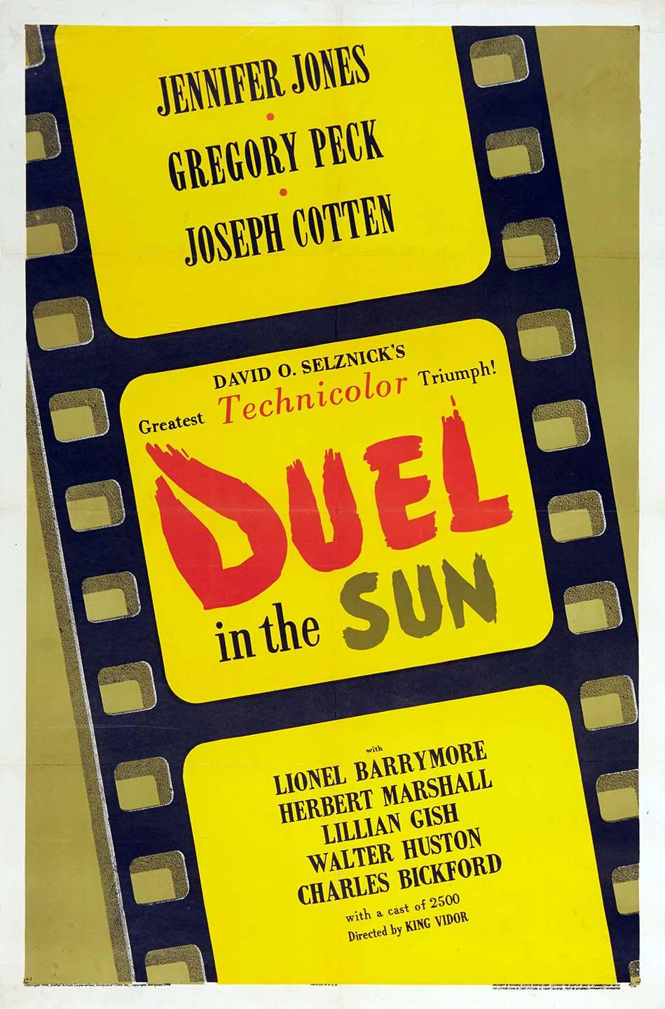 Vintage movie poster for the 1946 Western classic Duel in the Sun, featuring a bold yellow background and credit listing Jennifer Jones and Gregory Peck.