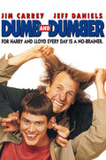 Close-up of Jim Carrey (Lloyd Christmas) smiling while Jeff Daniels (Harry Dunne) messes with his hair on the original Dumb and Dumber 1994 movie poster.
