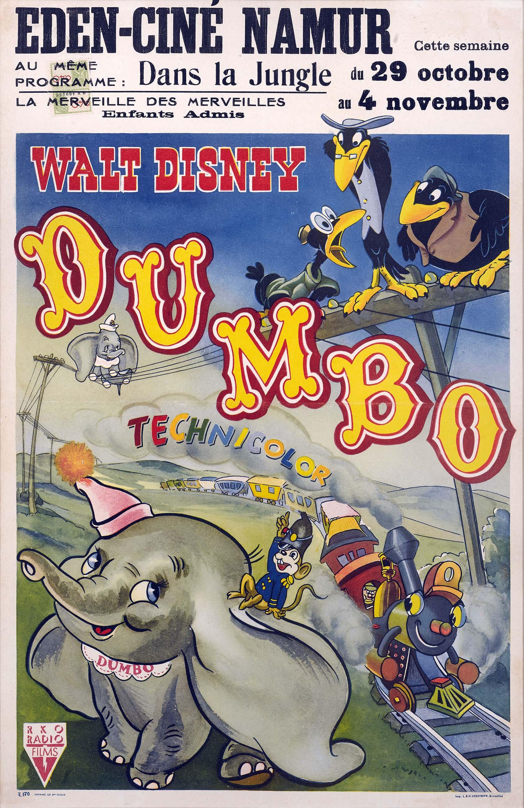 Vintage Belgian poster for Disney's Dumbo (1941) showing the elephant flying with Timothy Q. Mouse, alongside the iconic crows and a circus train.
