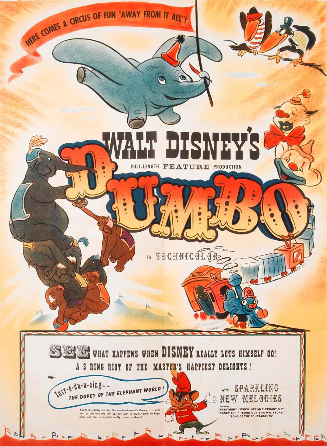Original theatrical release poster for Disney's Dumbo (1941) showing the flying elephant, Casey Junior train, Timothy Q. Mouse, and clown characters.