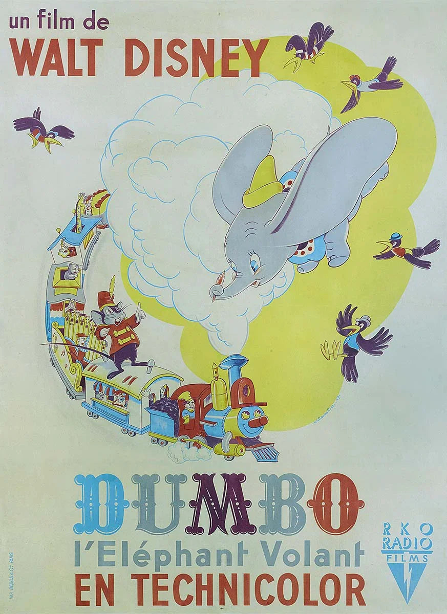 French movie poster for Disney's Dumbo (1941), showing Dumbo flying above the circus train carrying Timothy Q. Mouse and other characters, rendered in vibrant vintage Technicolor style.