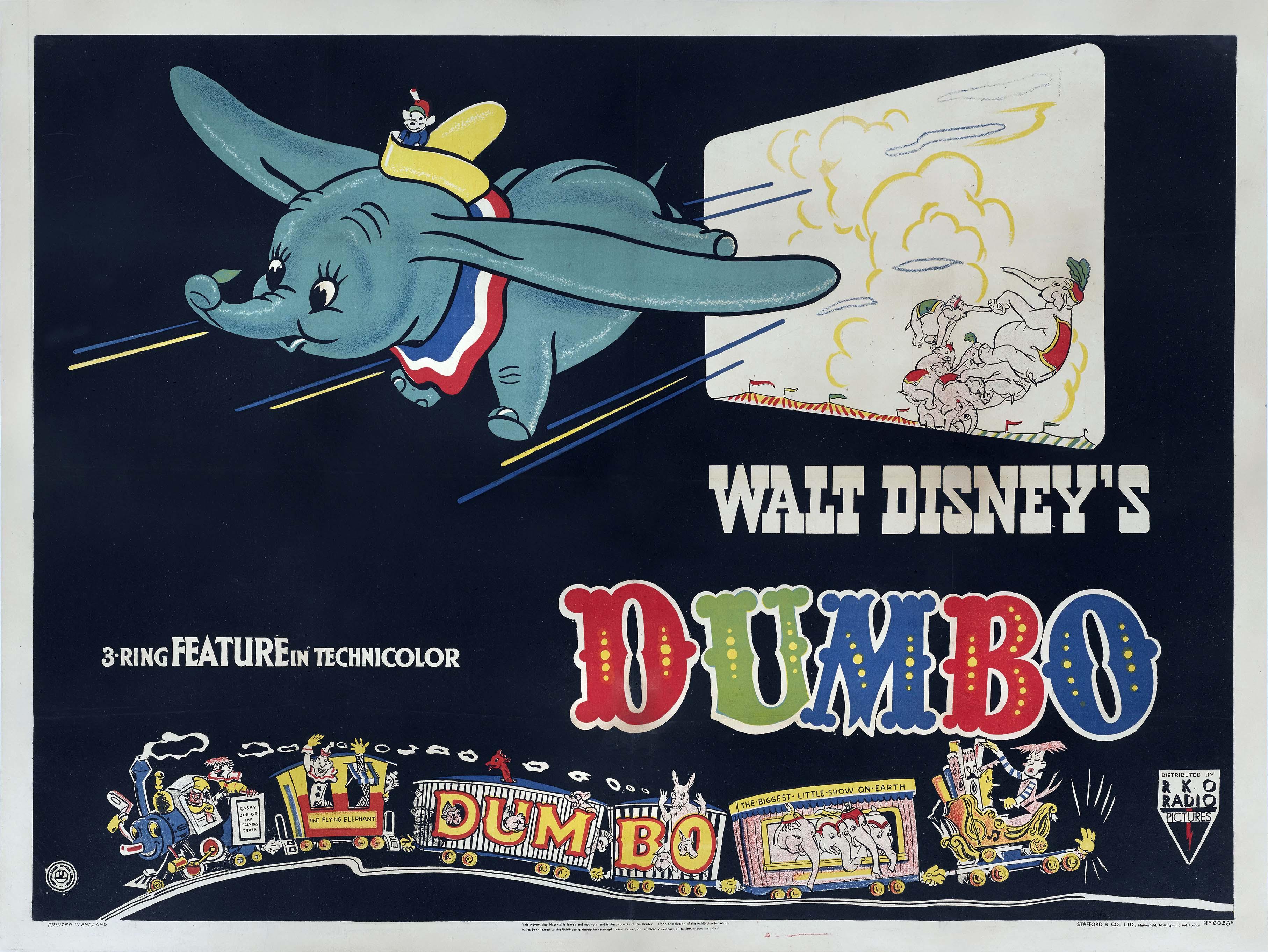 Vintage Dumbo movie poster from the 1941 Walt Disney film, showing the flying elephant and Timothy Mouse soaring above the circus train.