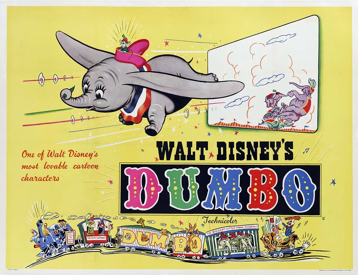 Iconic 1941 Dumbo movie poster showing the flying elephant and Timothy Q. Mouse soaring over the circus train on a bright yellow background.
