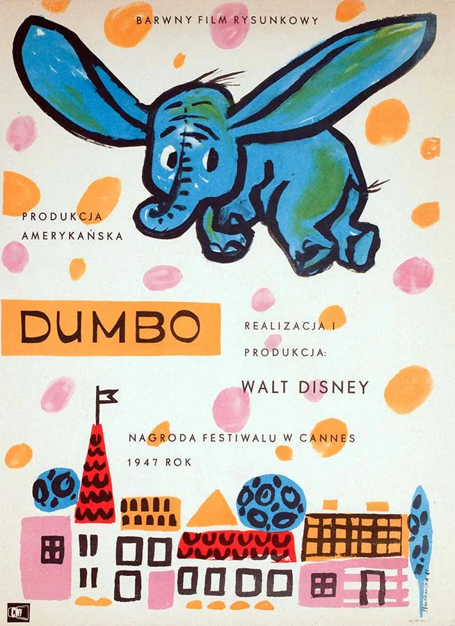 1961 Polish movie poster for Dumbo featuring a highly stylized blue elephant flying over an abstract, colorful village scene.
