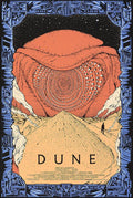 Illustration of giant sandworm with circular teeth over desert sand dunes and lone figure, Dune movie poster