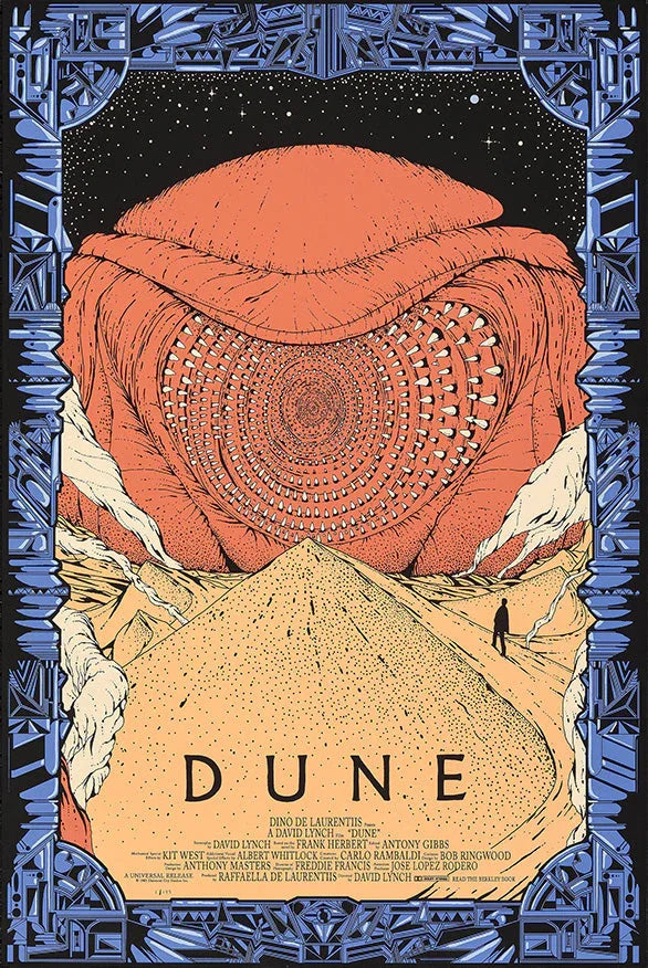Illustration of giant sandworm with circular teeth over desert sand dunes and lone figure, Dune movie poster