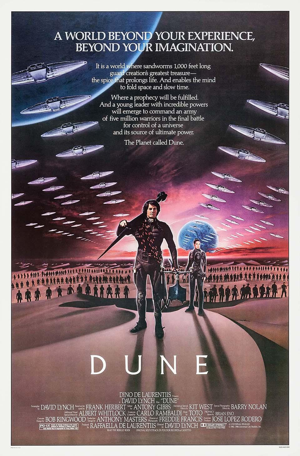 Original 1984 Dune movie poster showing Paul Atreides and Chani on Arrakis surrounded by Fremen soldiers and spaceship fleets.