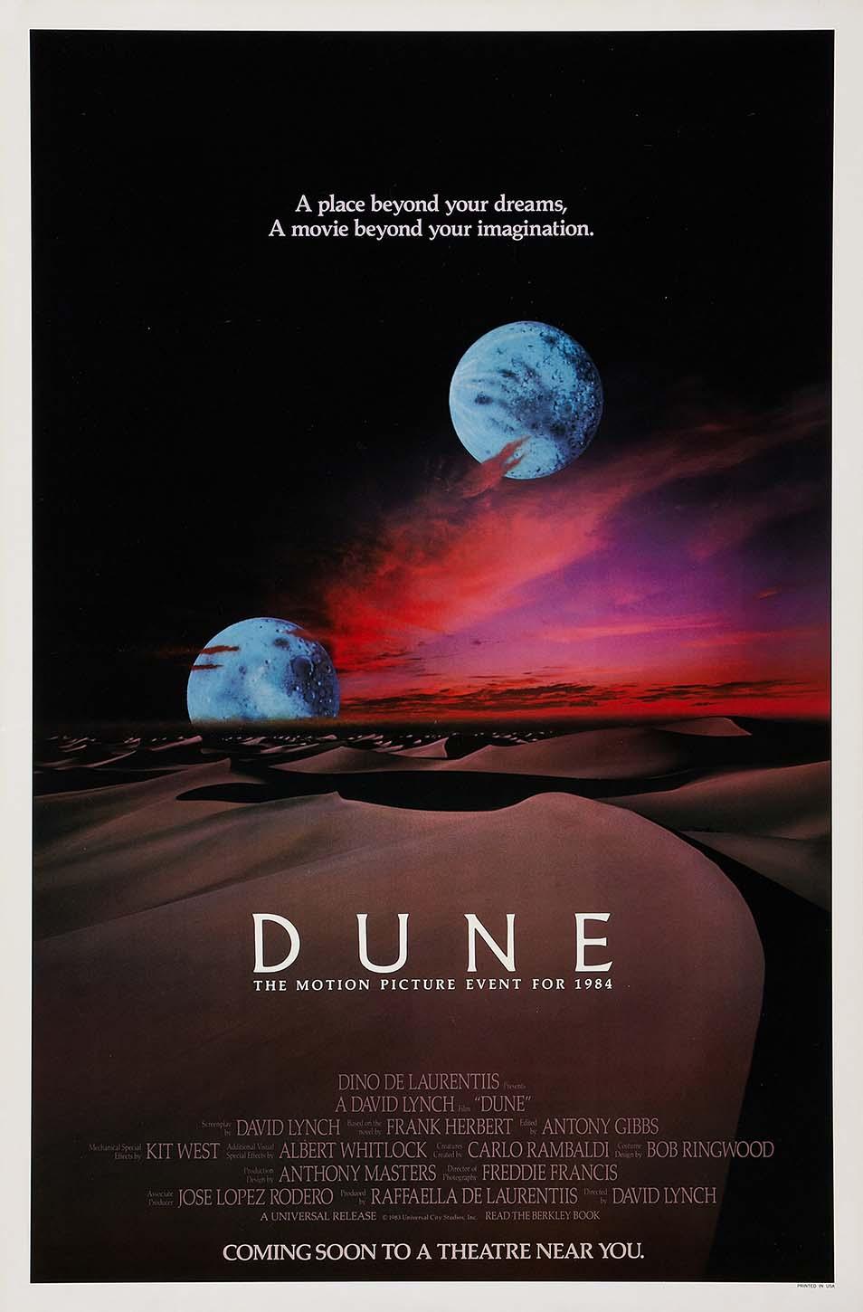 Original theatrical poster for David Lynch's Dune (1984) featuring the Arrakis desert, twin moons, and dramatic red sky imagery.