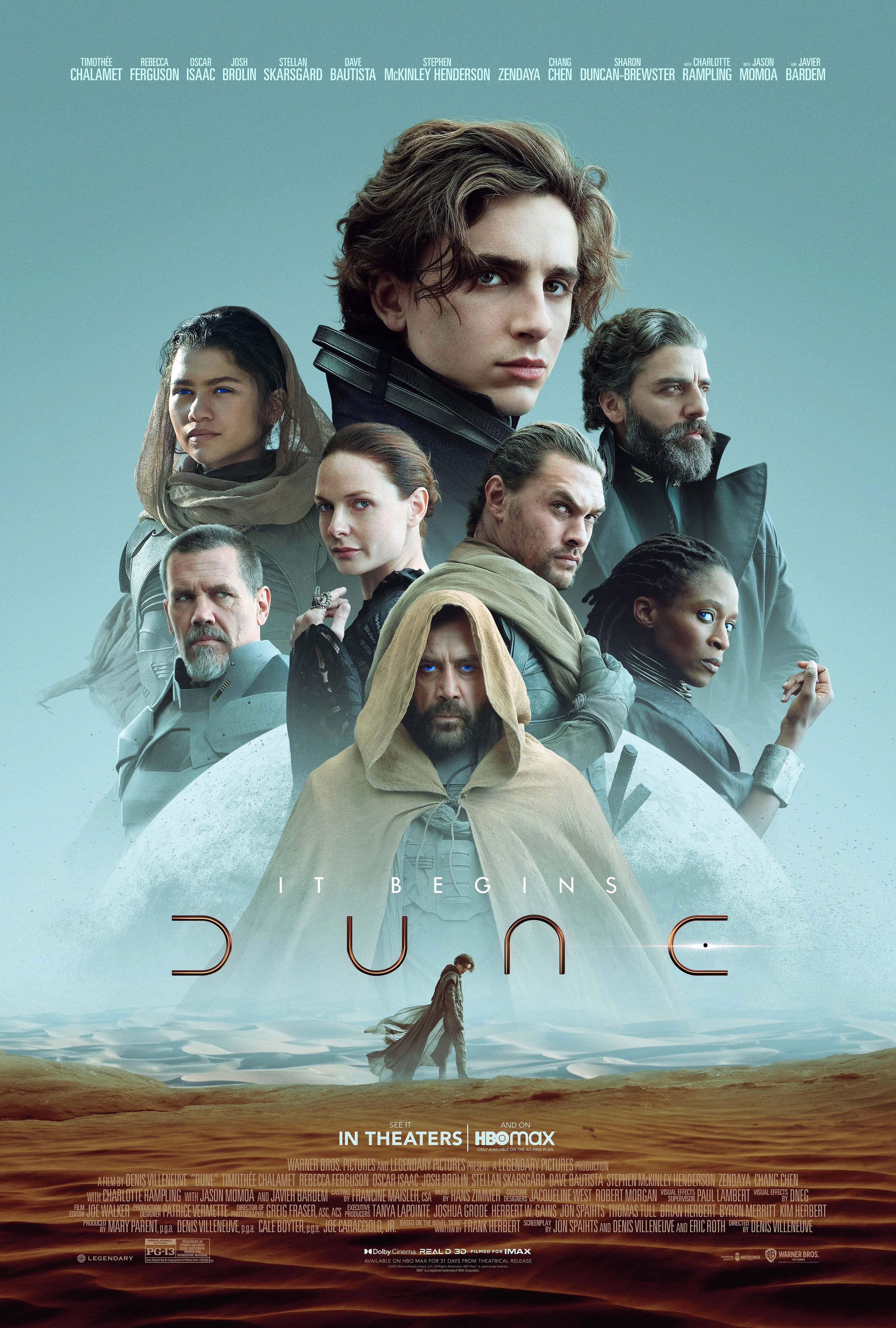 Official Dune 2021 movie poster featuring Paul Atreides (Timothée Chalamet) and the main cast standing over the misty, desert landscapes of Arrakis.