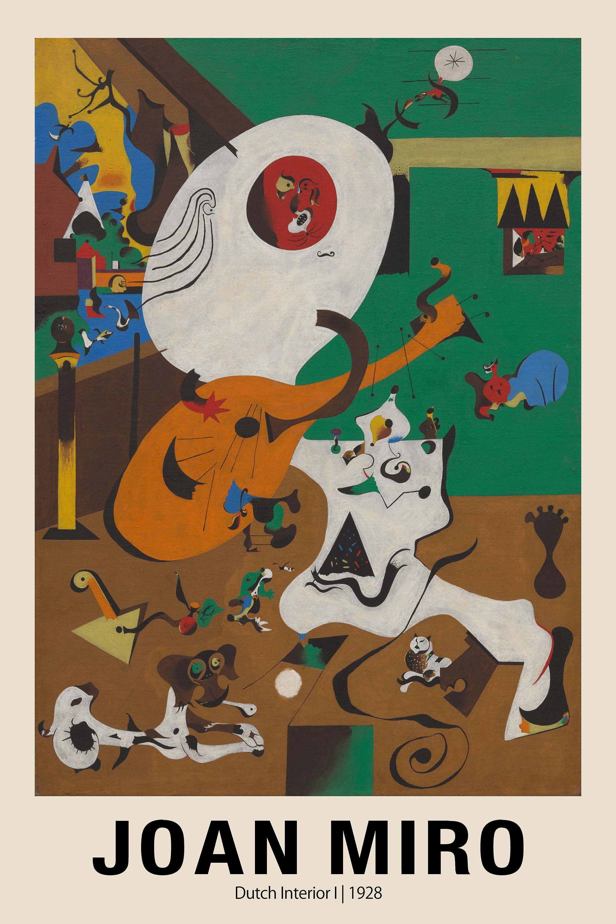 Joan Miró's "Dutch Interior I" 1928 painting featuring biomorphic shapes, bold colors (green, orange), and surrealist figures on a brown background.