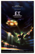 Original E.T. The Extra-Terrestrial 1982 movie poster showing the alien spacecraft descending through dark, glowing clouds with dramatic beams of light.