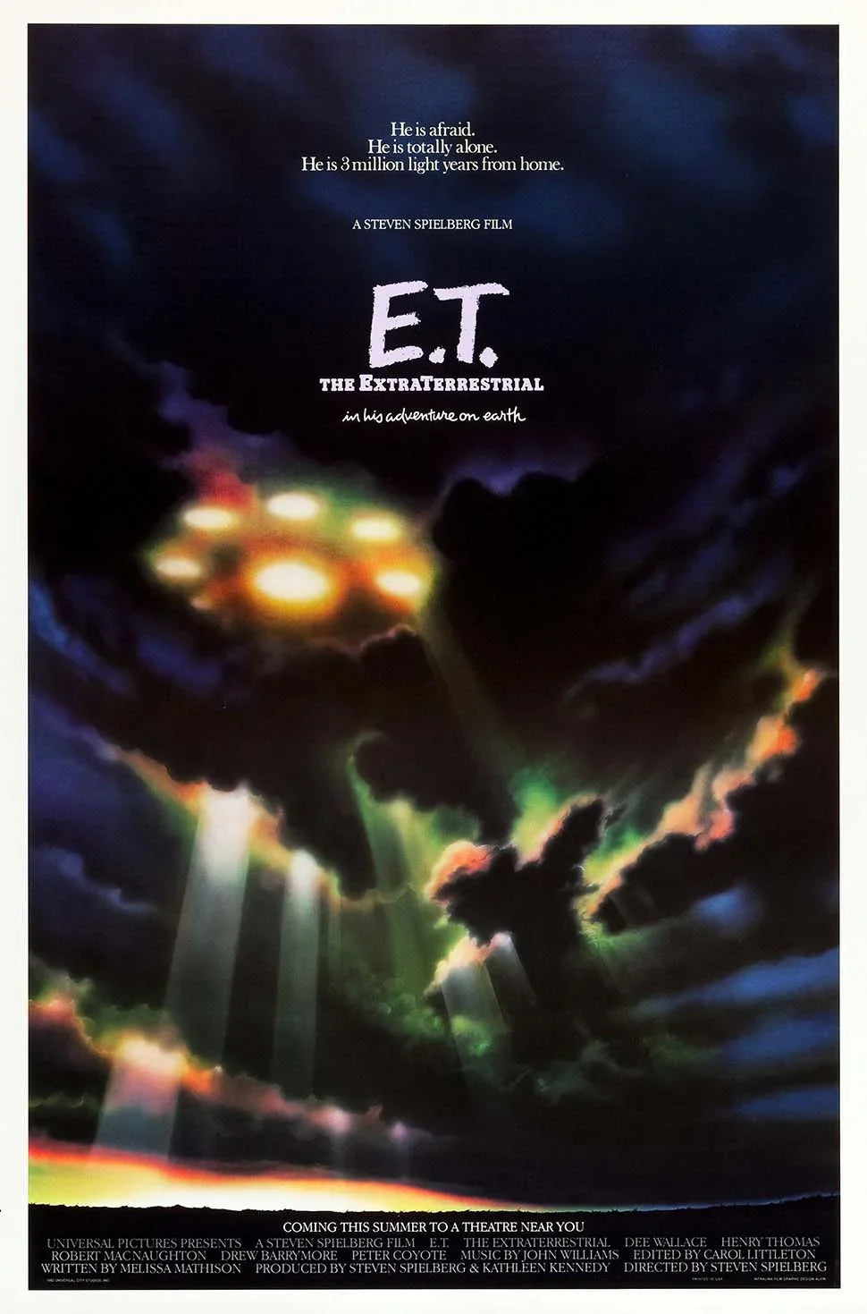 Original E.T. The Extra-Terrestrial 1982 movie poster showing the alien spacecraft descending through dark, glowing clouds with dramatic beams of light.