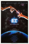 Original movie poster for E.T. The Extra-Terrestrial showing E.T.'s long finger touching a human finger above the Earth against a black star-filled space background.