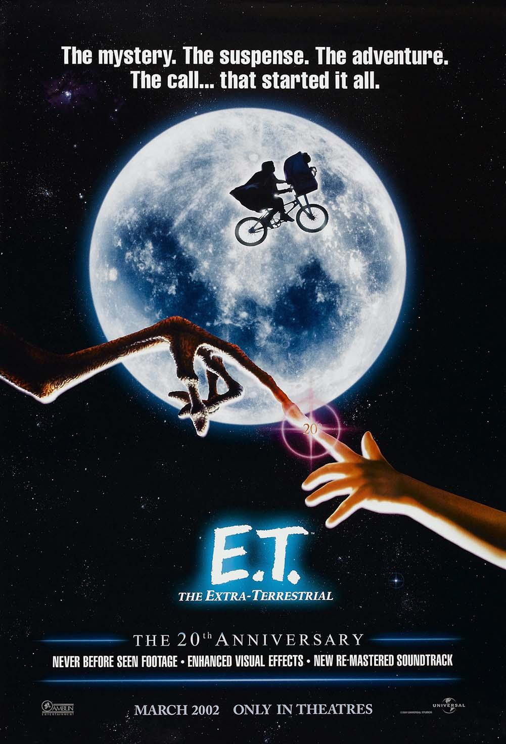 Original E.T. the Extra-Terrestrial movie poster showing Elliott and E.T. flying a bike in silhouette across the full moon, above the famous finger-touching scene.