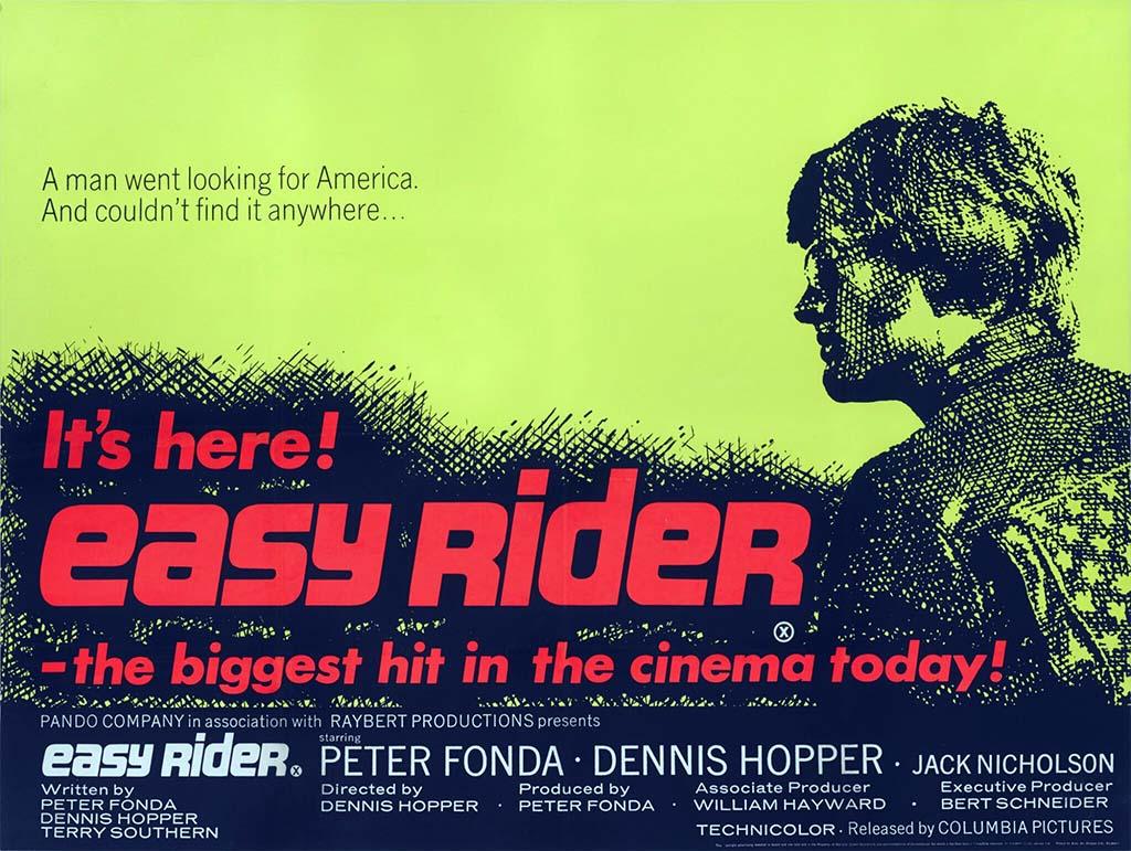 Original British Easy Rider 1969 film poster showing a profile of a character against a vibrant lime green background with red and dark blue text.