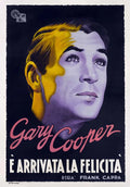 Italian movie poster for Mr. Deeds Goes to Town (È Arrivata la Felicità) featuring a highly stylized purple and yellow portrait of Gary Cooper looking upward.