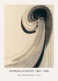 High-contrast reproduction of an early 1915 Georgia O'Keeffe abstract charcoal drawing featuring swirling black and gray organic shapes on a beige background.