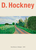 Museum-style poster featuring David Hockney's painting "Early Blossom, Woldgate" (2009), showing a winding red road through a vibrant green, spring landscape with yellow flowers.