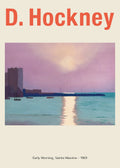 Artwork by David Hockney, Early Morning, Sainte-Maxime (1969), showing a pink and lavender sunrise reflecting brightly off teal coastal waters with dark building silhouettes.