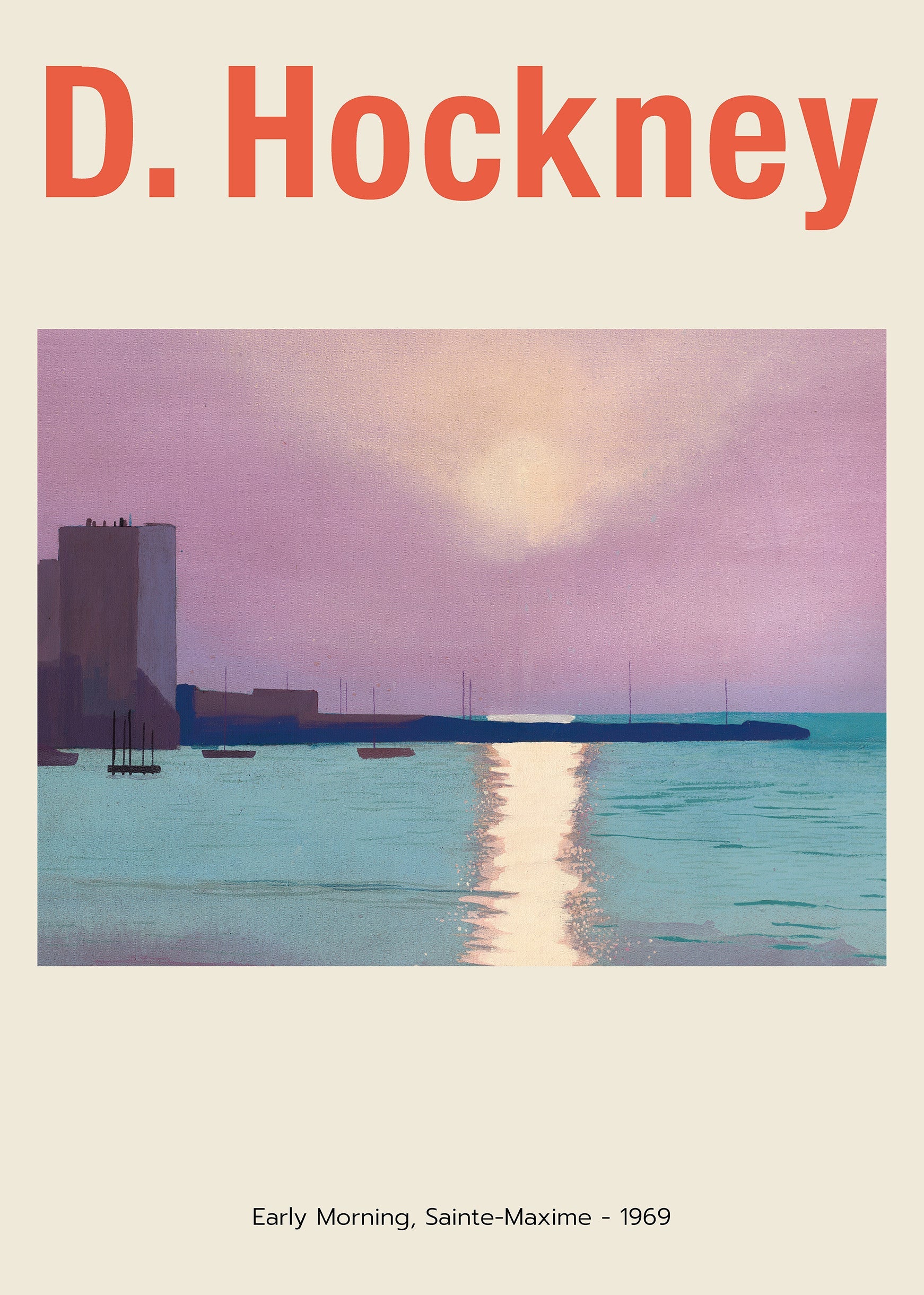 Artwork by David Hockney, Early Morning, Sainte-Maxime (1969), showing a pink and lavender sunrise reflecting brightly off teal coastal waters with dark building silhouettes.