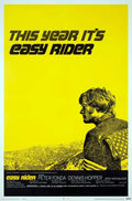 Original 1969 Easy Rider movie poster featuring Peter Fonda's profile in black stipple against a bright yellow background.