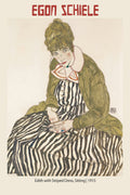 Egon Schiele's 1915 Expressionist portrait, "Edith with Striped Dress," showing a woman sitting in an olive coat and bold black and white striped gown.