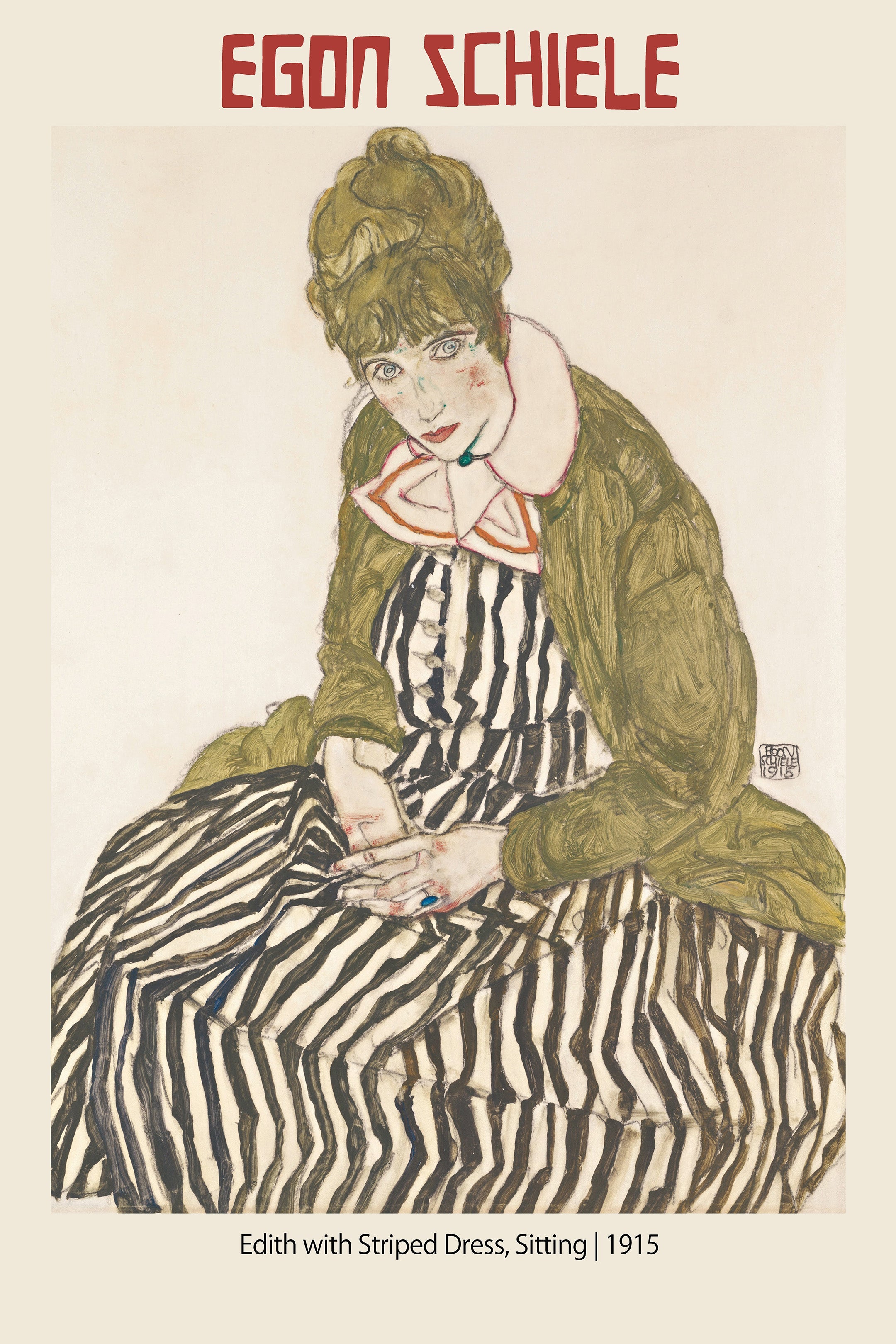 Egon Schiele's 1915 Expressionist portrait, "Edith with Striped Dress," showing a woman sitting in an olive coat and bold black and white striped gown.