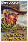 Vintage Argentine poster for The Westerner (1940) showing a dramatic painted close-up of Gary Cooper as Cole Harden against a background of covered wagons.