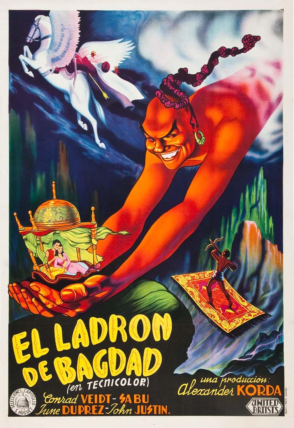 Dramatic Spanish movie poster for The Thief of Bagdad (1940), featuring the giant orange Genie, the princess, and a hero on a flying carpet.