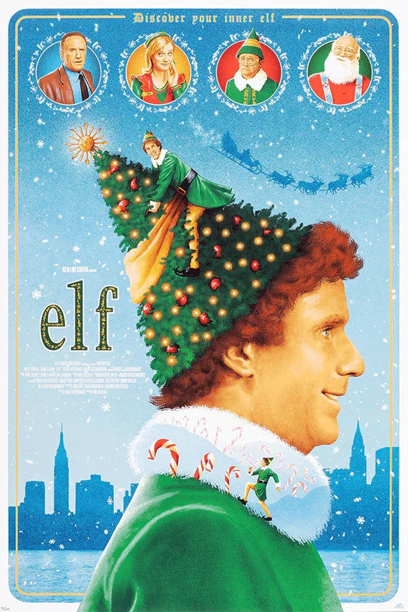 Elf movie poster showing a man in a green elf costume with a Christmas tree hat decorated with lights and an elf climbing on his collar