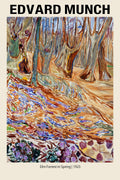 Edvard Munch Expressionist painting, "Elm Forrest in Spring," showing abstract, swirling brown tree trunks and a foreground of purple and blue flowers.