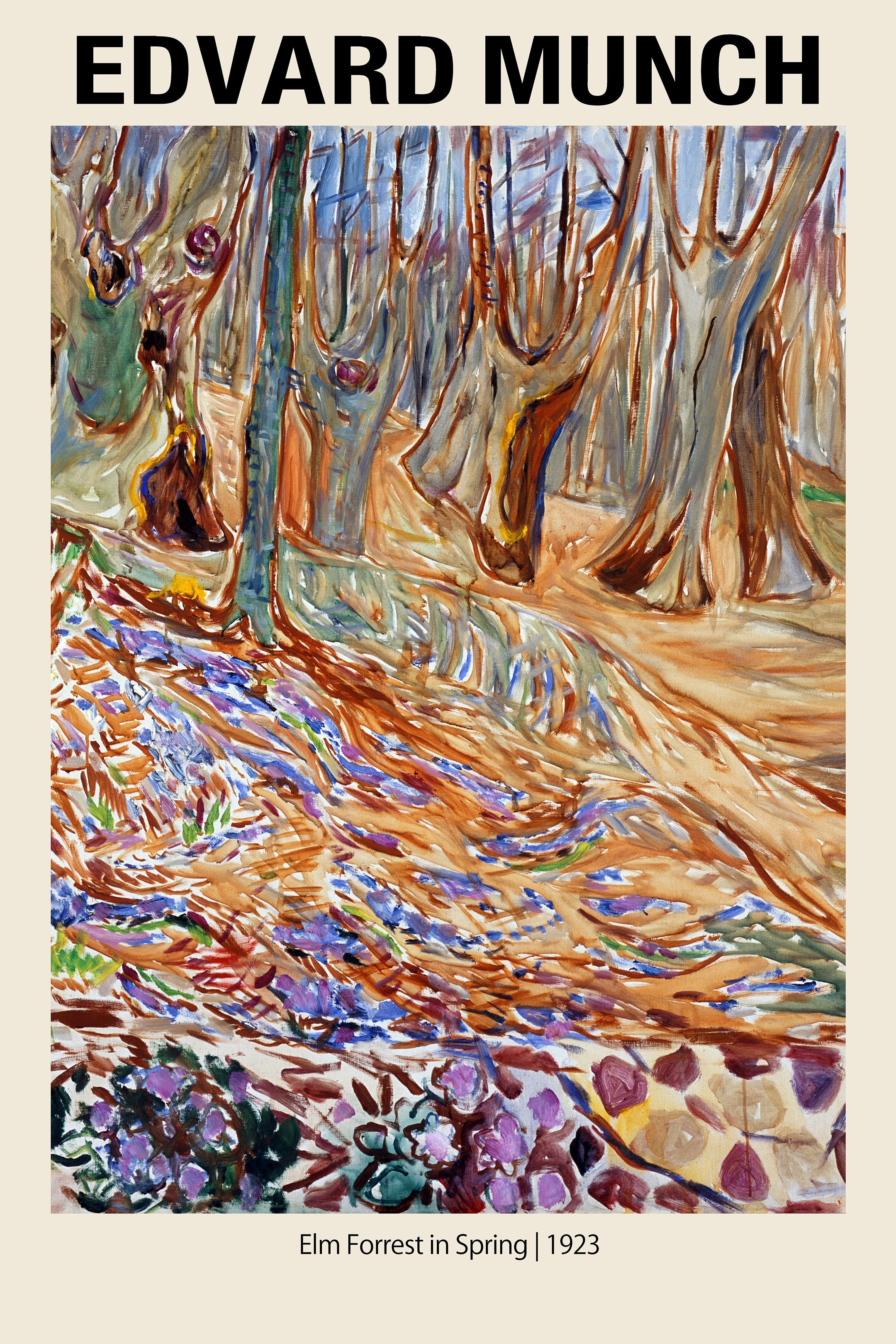 Edvard Munch Expressionist painting, "Elm Forrest in Spring," showing abstract, swirling brown tree trunks and a foreground of purple and blue flowers.