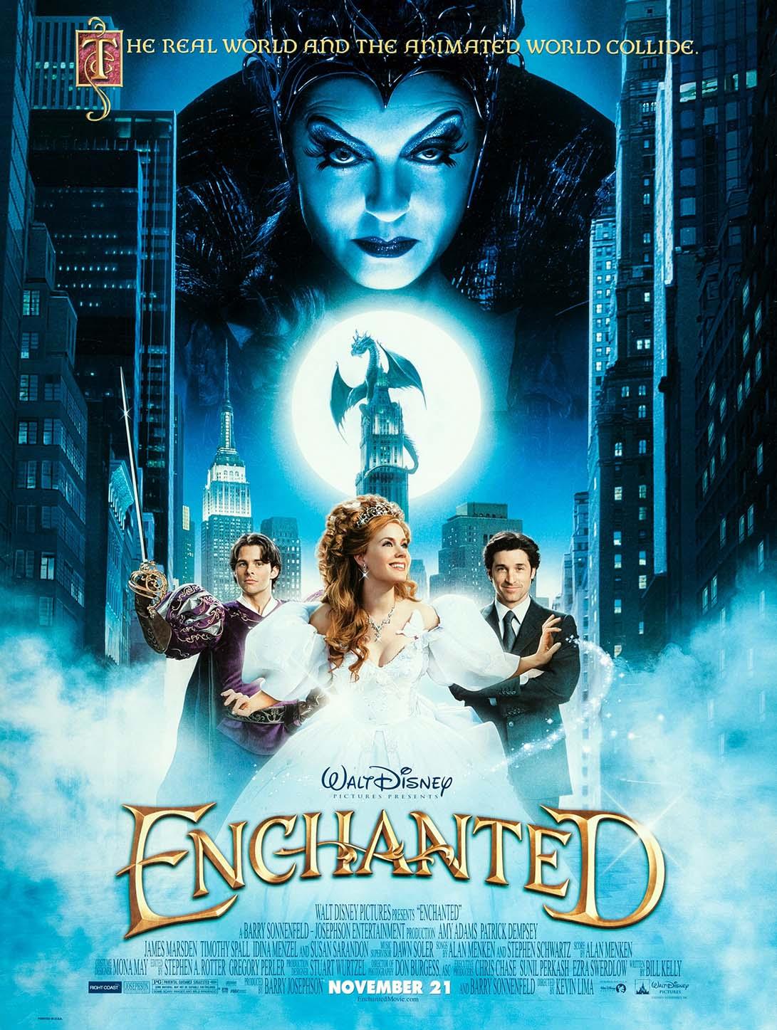 Original theatrical poster for Disney's Enchanted, showing Giselle, Robert, Prince Edward, and Queen Narissa hovering over the NYC skyline.