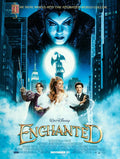 Official poster for Disney's Enchanted featuring Giselle, Prince Edward, Robert, and the looming Queen Narissa over the blue-lit NYC skyline.
