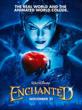 The official movie poster for Disney's Enchanted, showing the Evil Queen Narissa (Susan Sarandon) bathed in blue light, holding a bright red poisoned apple.