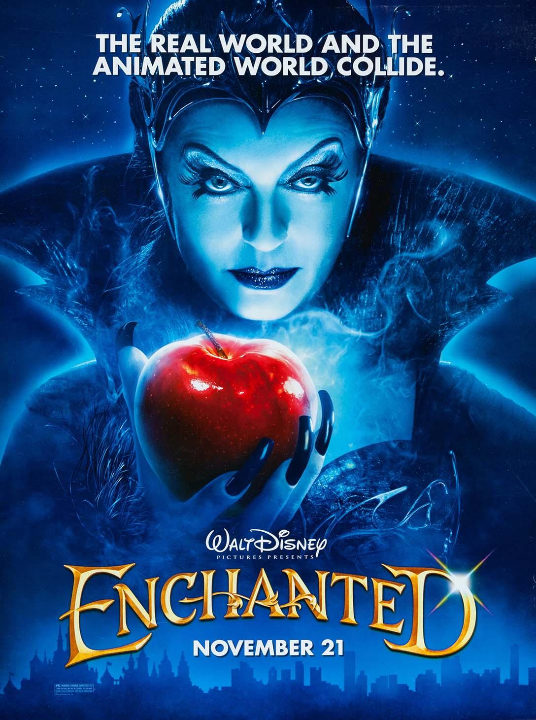 The official movie poster for Disney's Enchanted, showing the Evil Queen Narissa (Susan Sarandon) bathed in blue light, holding a bright red poisoned apple.