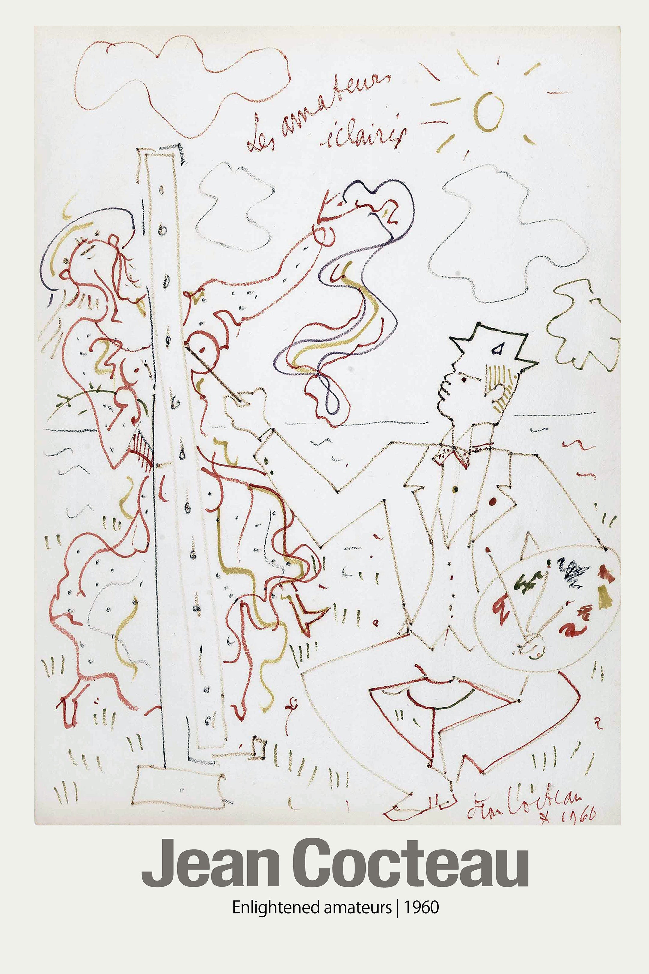1960s color line drawing by Jean Cocteau showing an artist in a hat painting a figure on an easel under the sun.