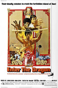 Original theatrical poster for the 1973 film "Enter The Dragon," featuring Bruce Lee holding nunchaku against an action montage.