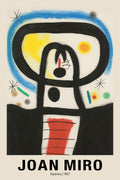 Reproduction of Joan Miró's 1967 abstract work, "Equinox," featuring thick black outlines, bold yellow and blue arcs, and floating dots on a cream background.