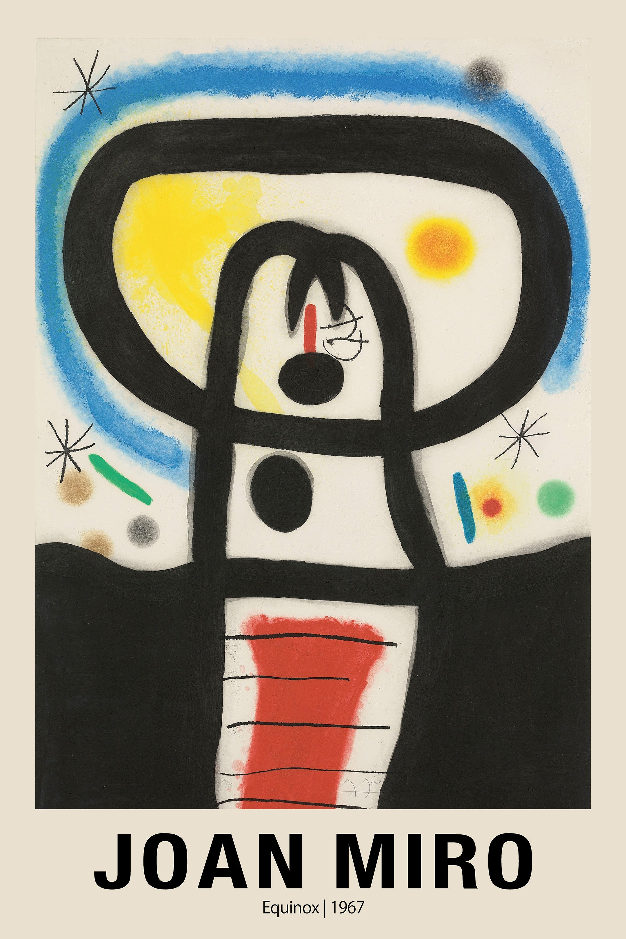 Reproduction of Joan Miró's 1967 abstract work, "Equinox," featuring thick black outlines, bold yellow and blue arcs, and floating dots on a cream background.