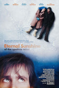 Original movie poster for Eternal Sunshine of the Spotless Mind showing Jim Carrey's eyes and the couple (Joel and Clementine) lying on a cracked, icy landscape.