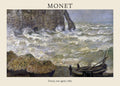 Claude Monet Impressionist seascape of a rough sea crashing near the cliffs of Étretat, 1883, featuring fishing boats and dynamic white waves.