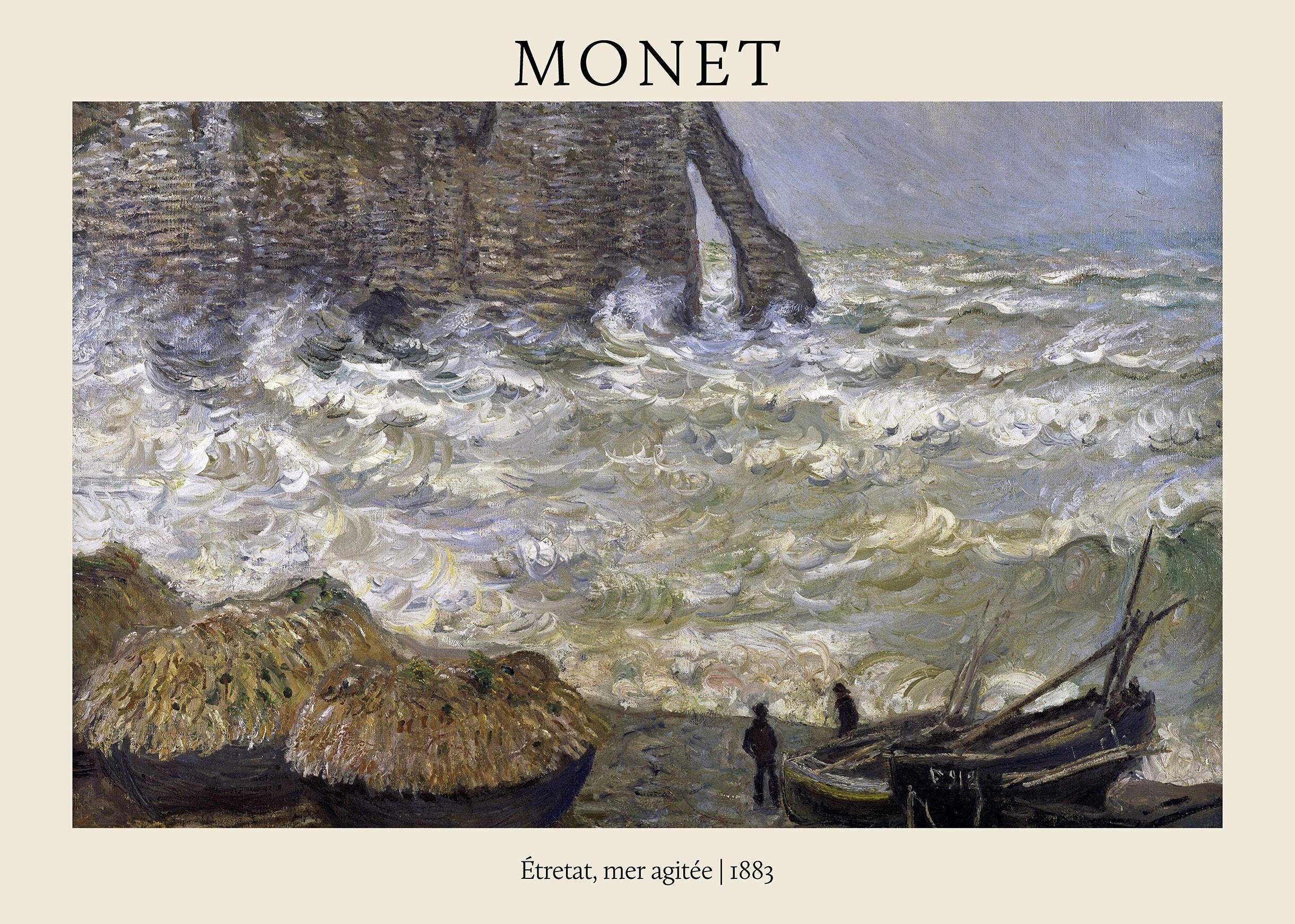 Claude Monet Impressionist seascape of a rough sea crashing near the cliffs of Étretat, 1883, featuring fishing boats and dynamic white waves.