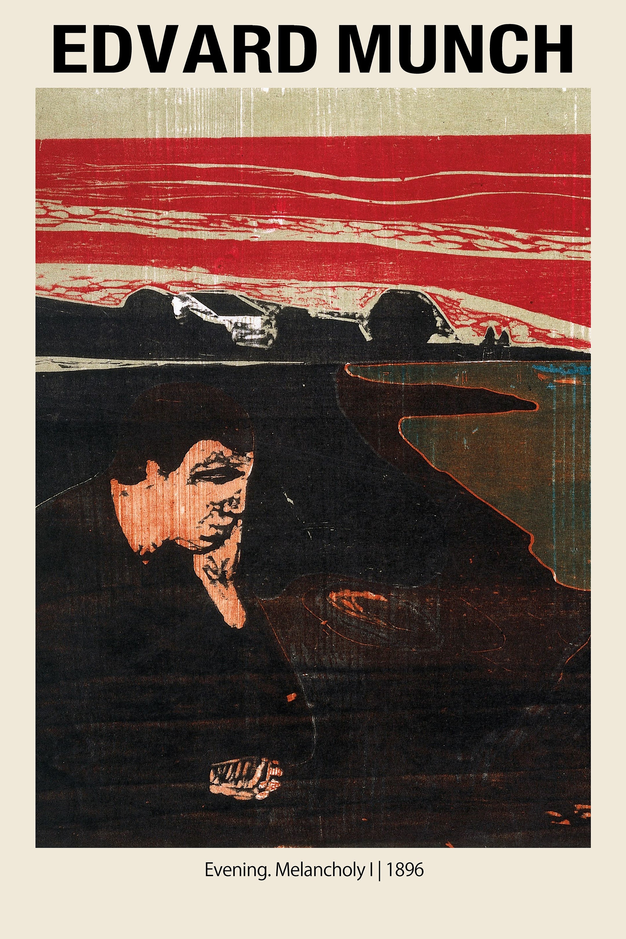 Stylized poster of Edvard Munch's Evening Melancholy I (1896) featuring a seated figure contemplating dark water beneath a red and black Expressionist sky.