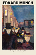 Expressionist oil painting by Edvard Munch showing pale, anxious figures in top hats walking down a shadowy city street at night, titled "Evening on Karl Johan Street."