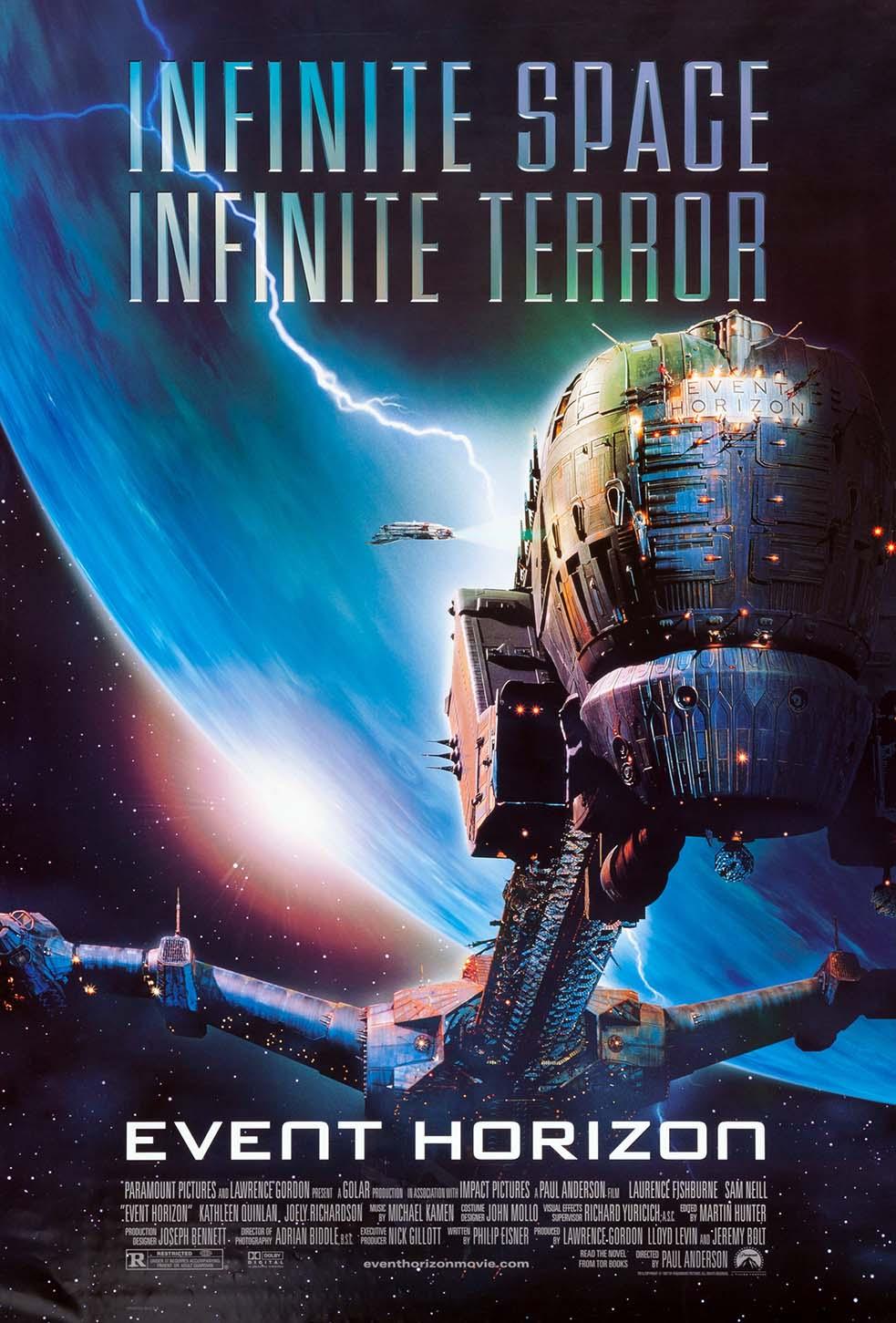 Original theatrical poster for the Event Horizon movie showing the titular massive spaceship orbiting a stormy blue planet with the tagline "Infinite Space Infinite Terror."