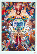 Psychedelic movie poster for Everything Everywhere All At Once featuring Michelle Yeoh surrounded by multiversal chaos elements and vibrant colors.