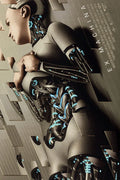 Futuristic female robot with exposed mechanical parts and glowing blue lights in textured suit, Ex Machina poster