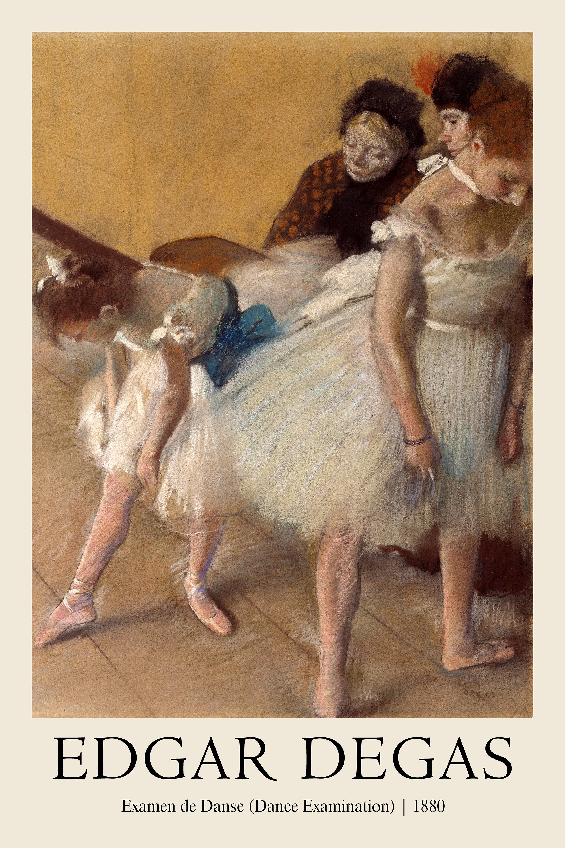 Edgar Degas' Examen de Danse (Dance Examination, 1880) pastel painting showing three ballerinas and an older chaperone in soft, warm lighting.