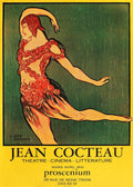 Vintage French poster designed by Jean Cocteau featuring a dramatically posed dancer in red roses against a textured green background. Art Deco style.